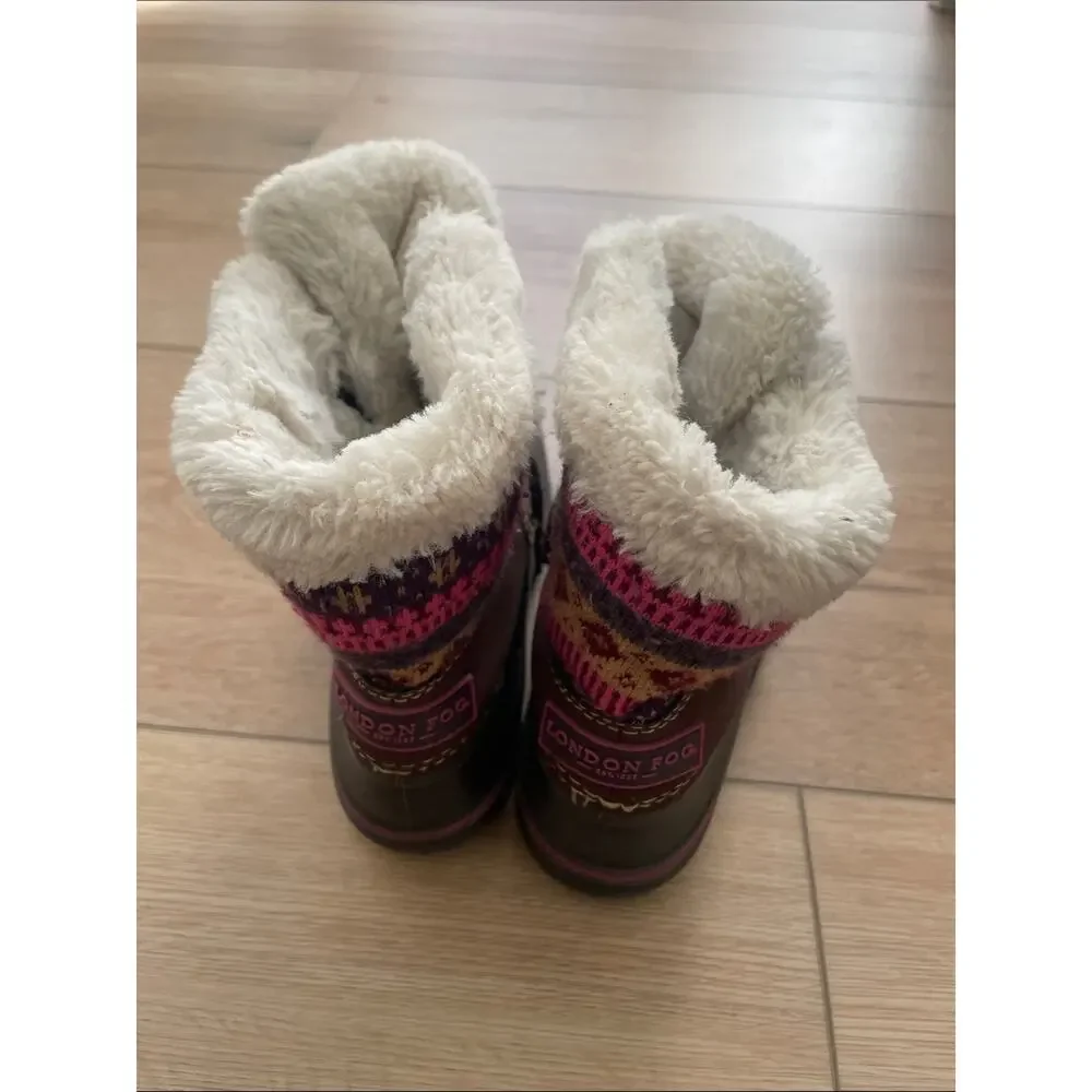 London Fog Girls Brown Pink Black Faux Fur Snow Boots Toddler Girl 12 #0184